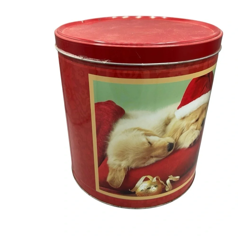 Christmas tin container holiday puppy tin storage decor gift box dog print